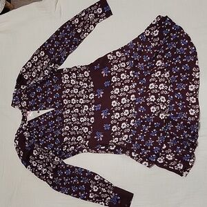 NWOT Parker Women's Brown With Blue Floral Midi Dress Tiered Ruffle Hem Sz L